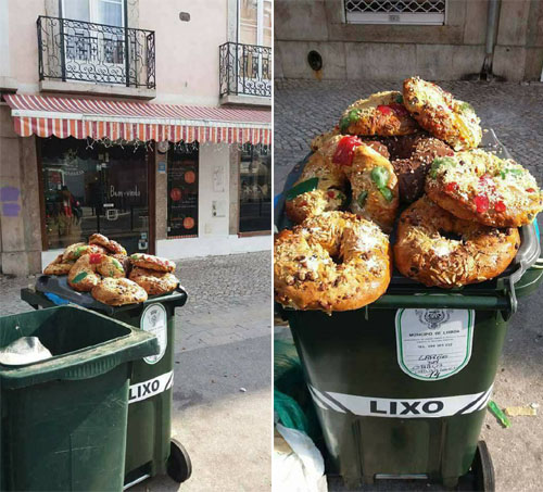 bolos-reis no caixote do lixo